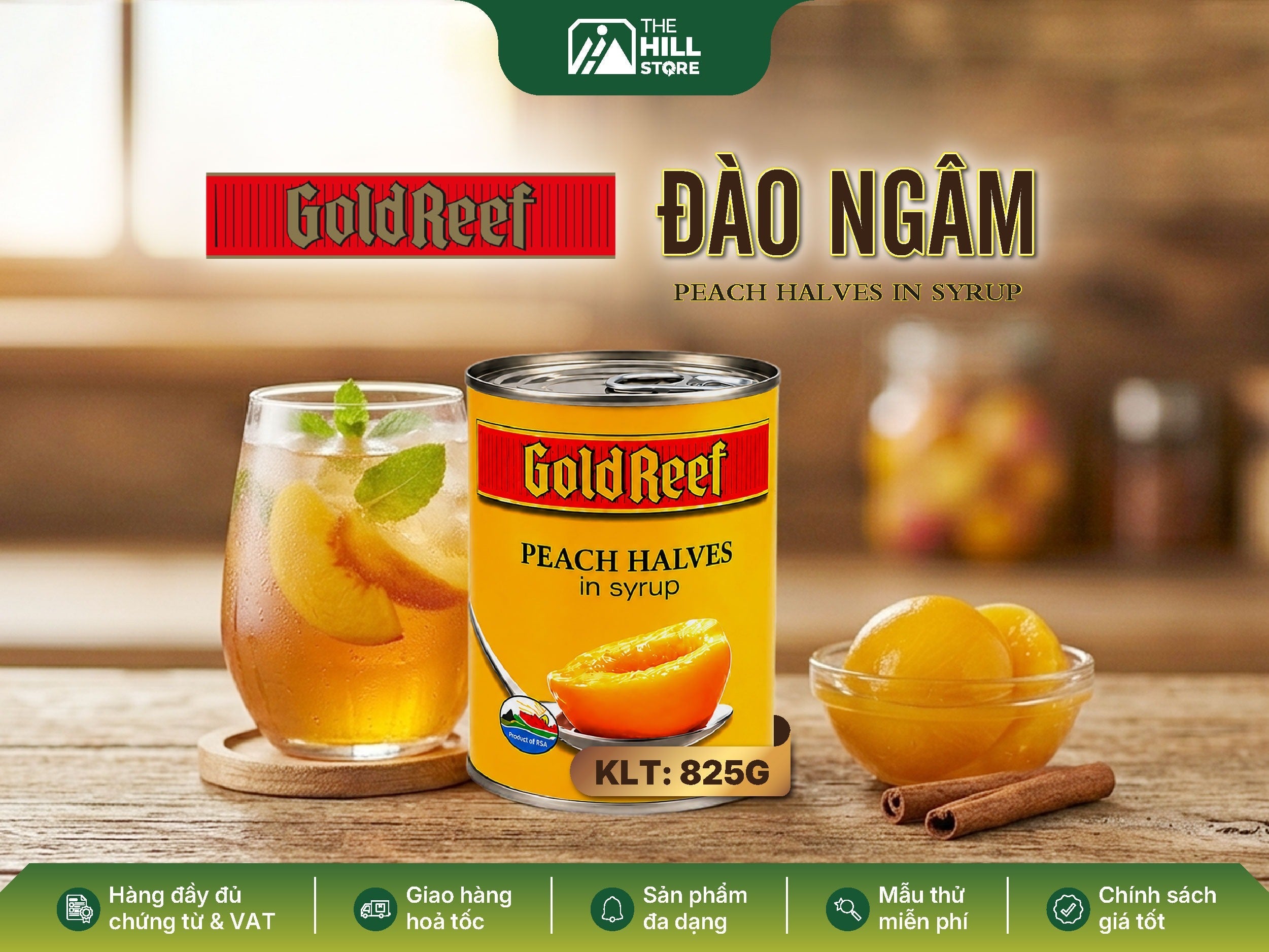 Đào ngâm gold reef peach halves in syrup 825g - vị đào thơm ngọt, miếng đào mọng mềm