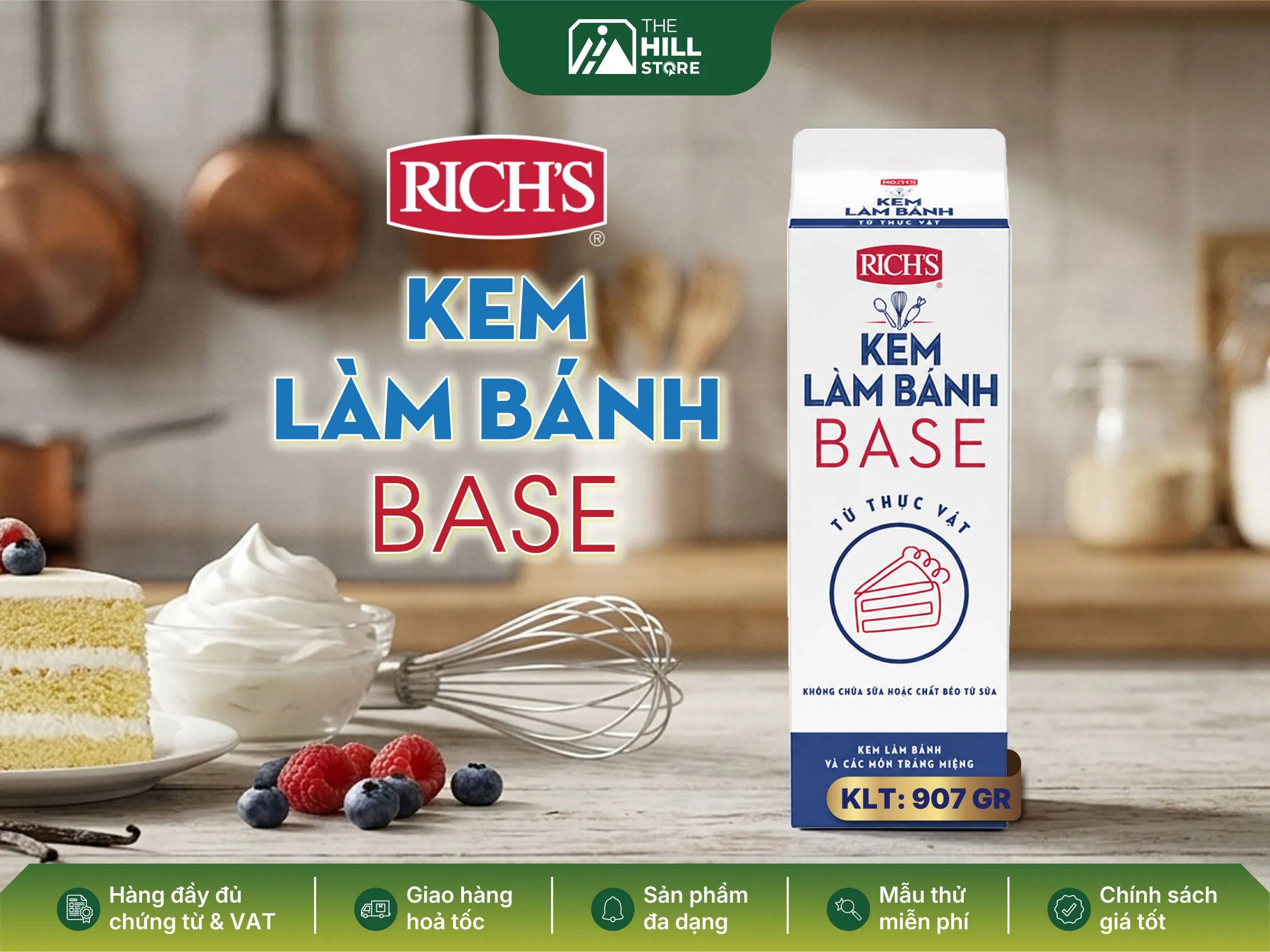 Kem làm bánh whip topping base rish's - giải pháp kem thực vật giúp thành phẩm mịn đẹp, dễ tạo hình và ổn định
