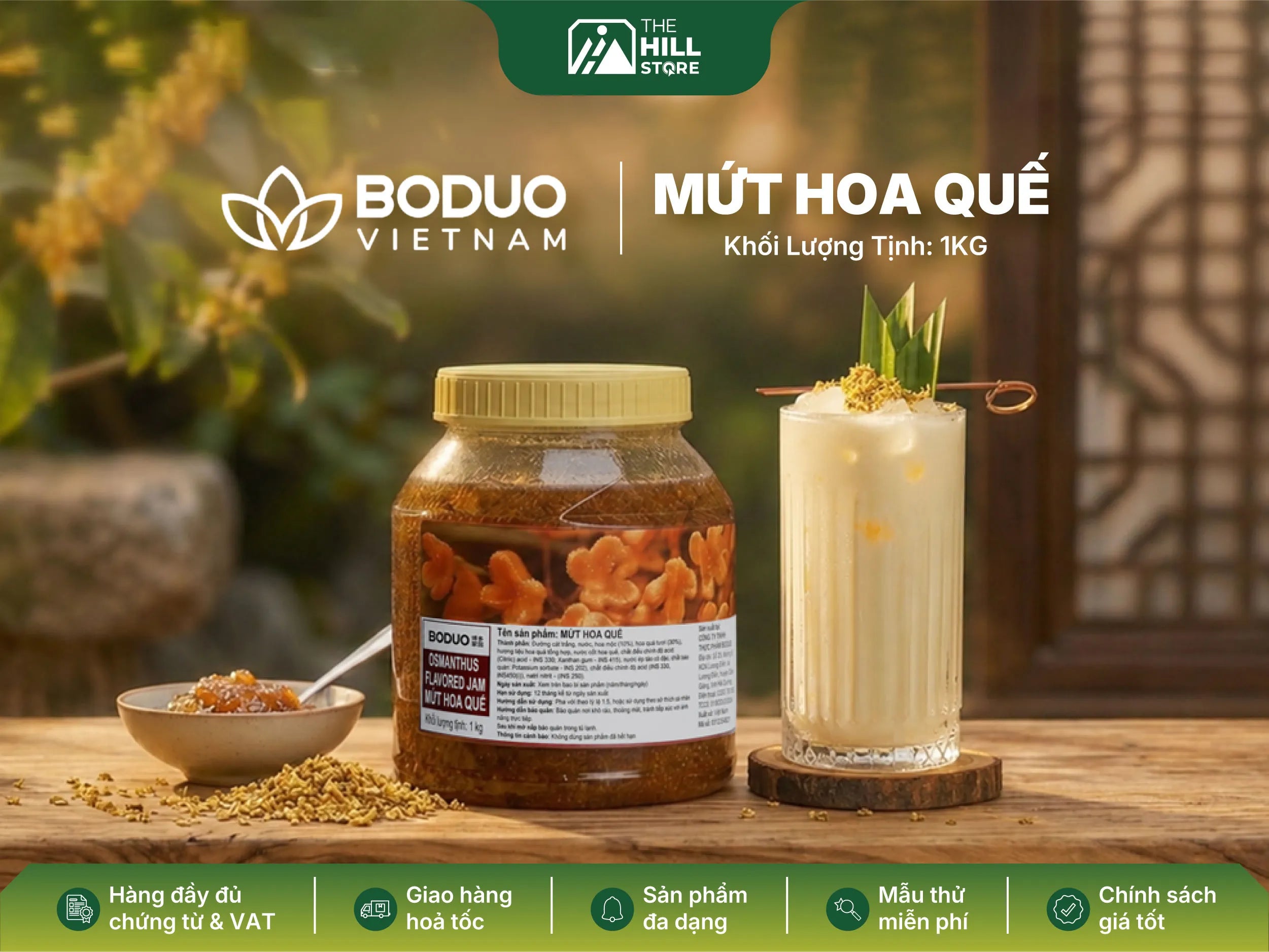 Mứt quế hoa boduo 1kg - nguyên liệu tạo hương hoa thanh nhẹ cho menu đồ uống hiện đại