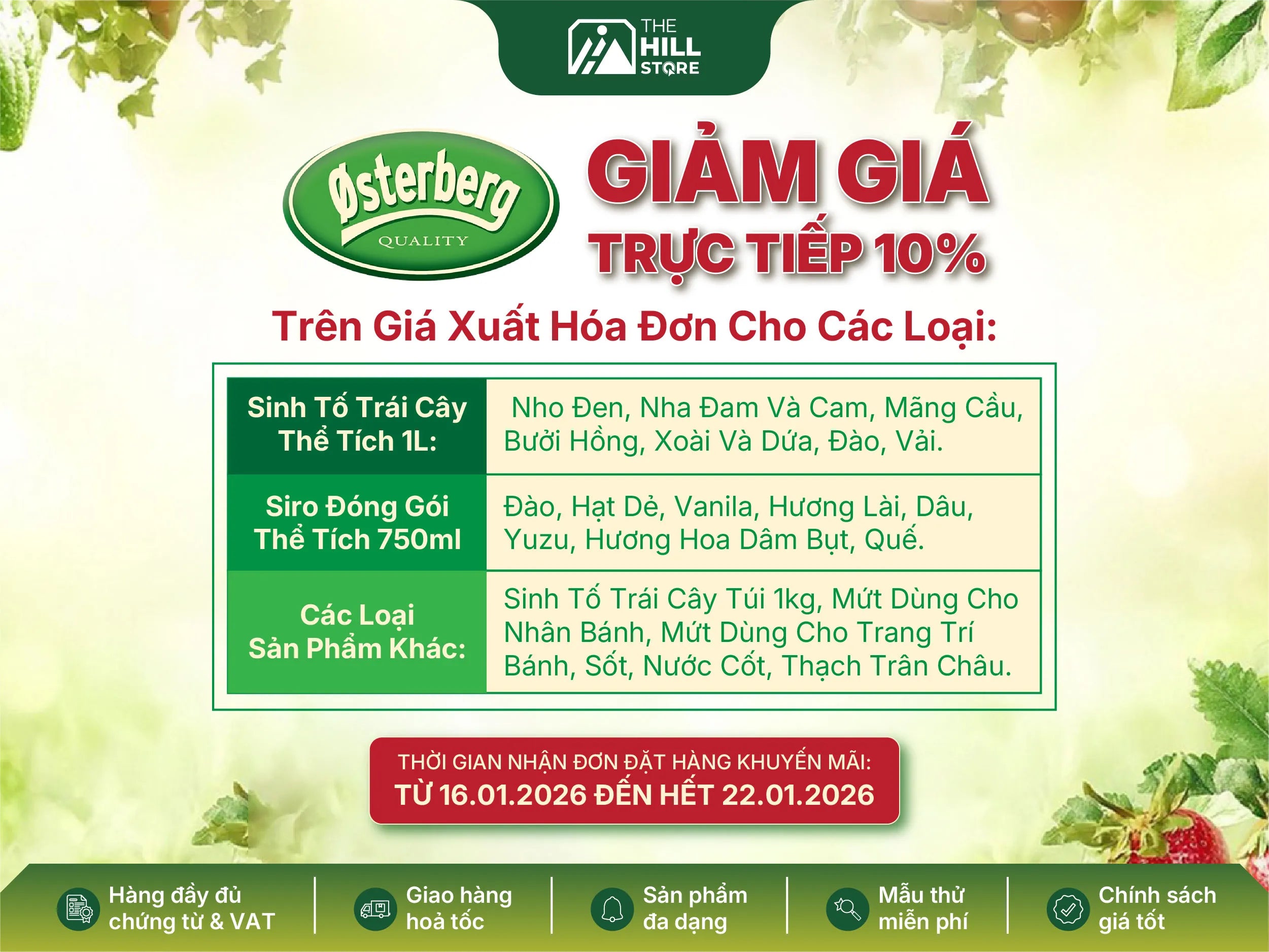 Khuyến mãi Osterberg tháng 01/2026 - Cơ hội nhập nguyên liệu trái cây cao cấp với ưu đãi 10% tại the hill store