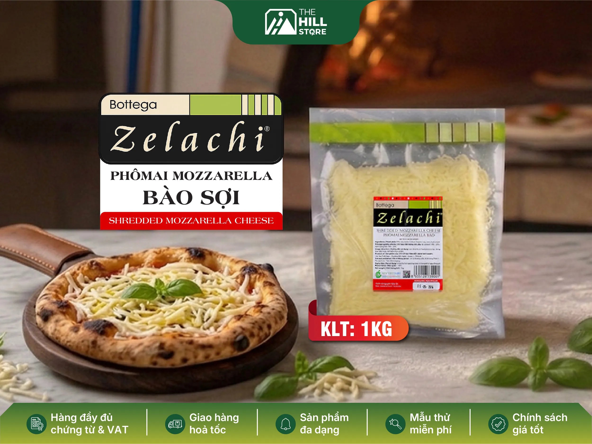 Phô mai bào bottega zelachi mozzarella 1kg - giải pháp phô mai kéo sợi mượt, ổn định cho quán và chuỗi f&b