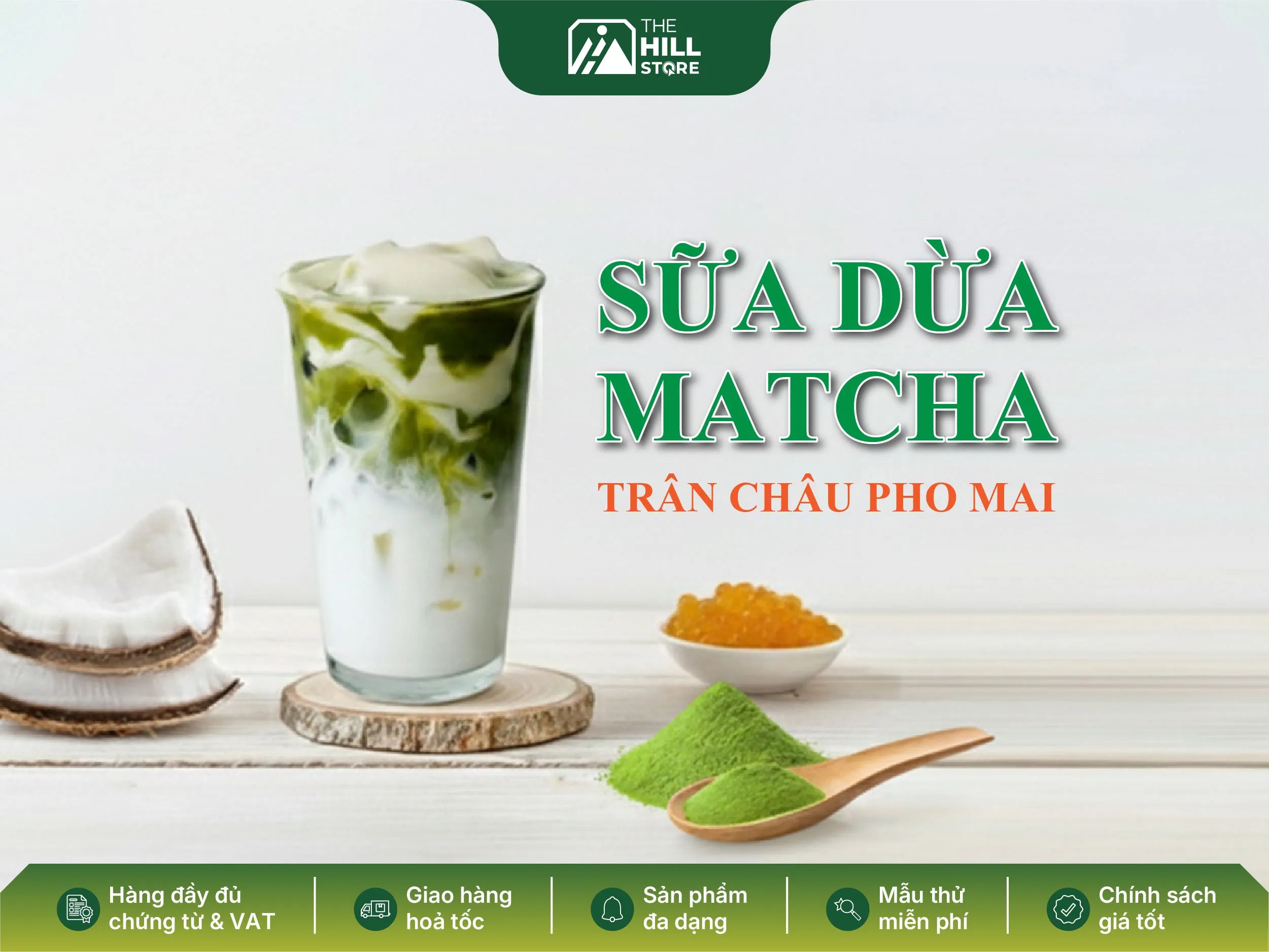 Sữa dừa matcha trân châu phô mai - công thức đồ uống béo thanh cho menu dịp tết
