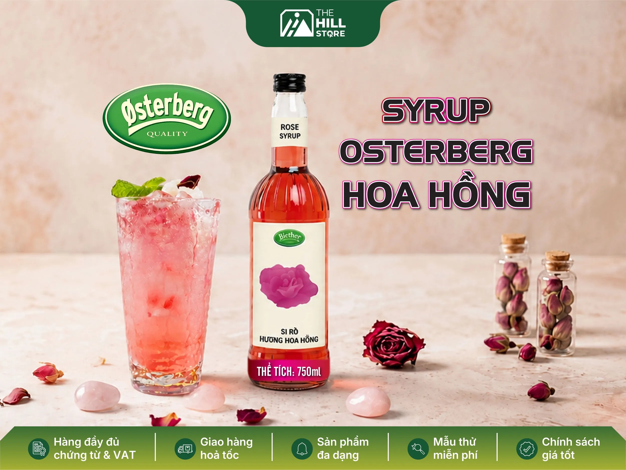 Syrup osterberg hoa hồng 750ml - hương hoa đặc trưng cho đồ uống