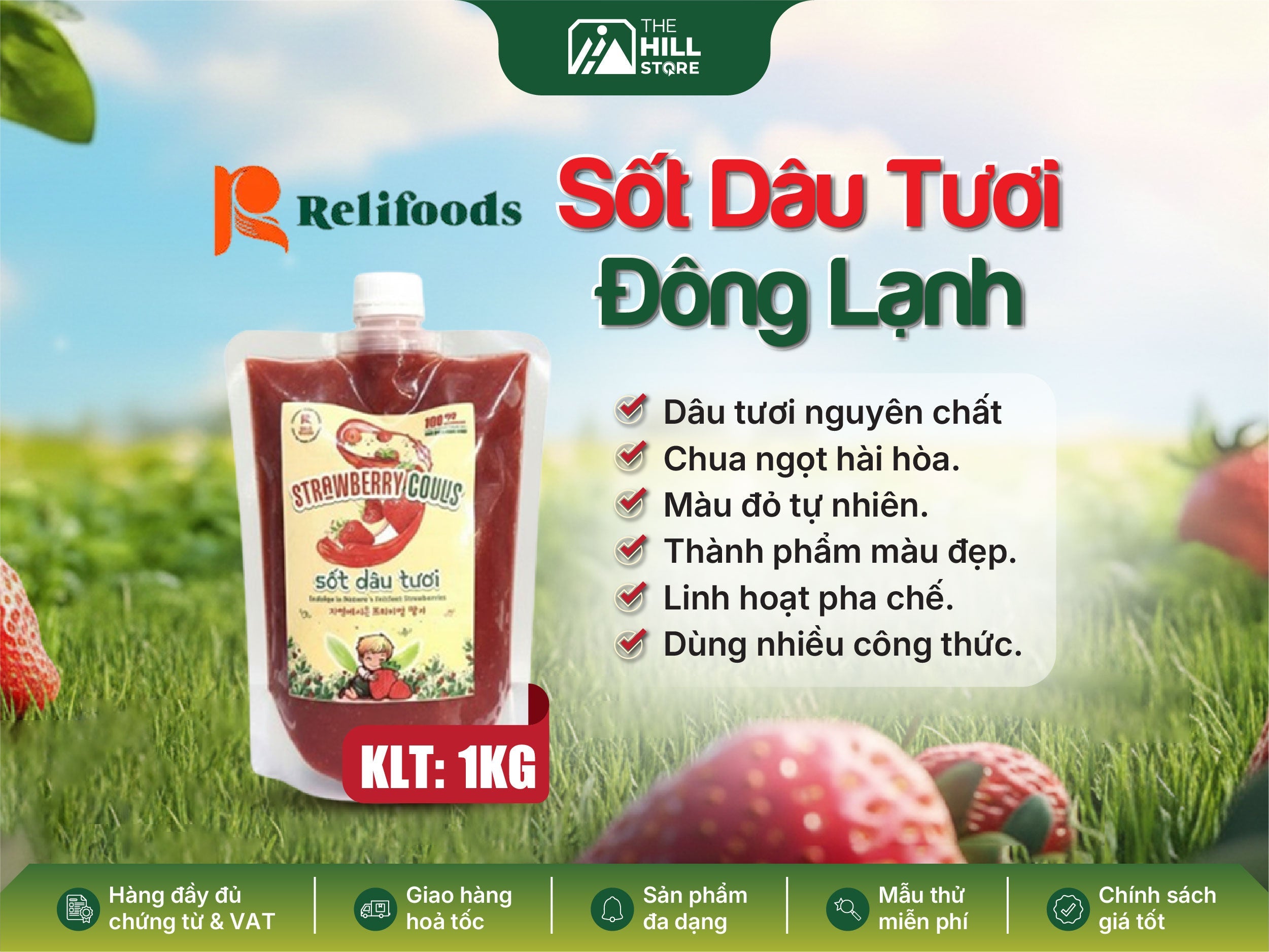 Sốt dâu tươi đông lạnh Relifoods 1kg - giải pháp nguyên liệu dâu chuẩn vị cho quán